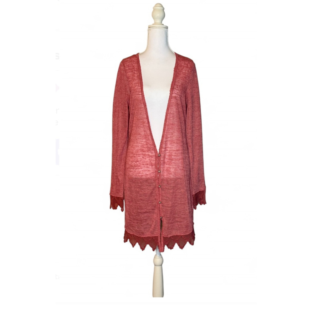 Vintage Free People Lace Hem Cardigan in Rose ✨ Size M